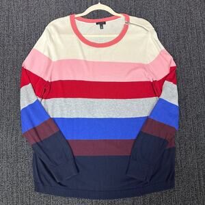Talbots Womens Pullover Sweater Striped Zip Shoulder Cotton Rayon Size XL